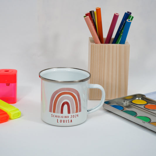 Emaille Kindertasse Personalisiert - Rosa Boho Regenbogen