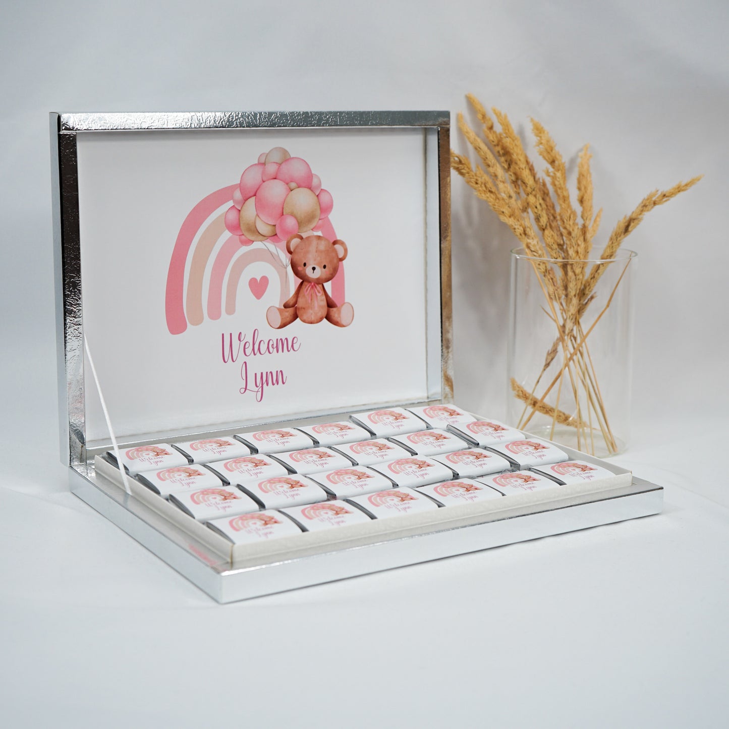Schokobox Personalisiert - Pinker Regenbogen Teddy