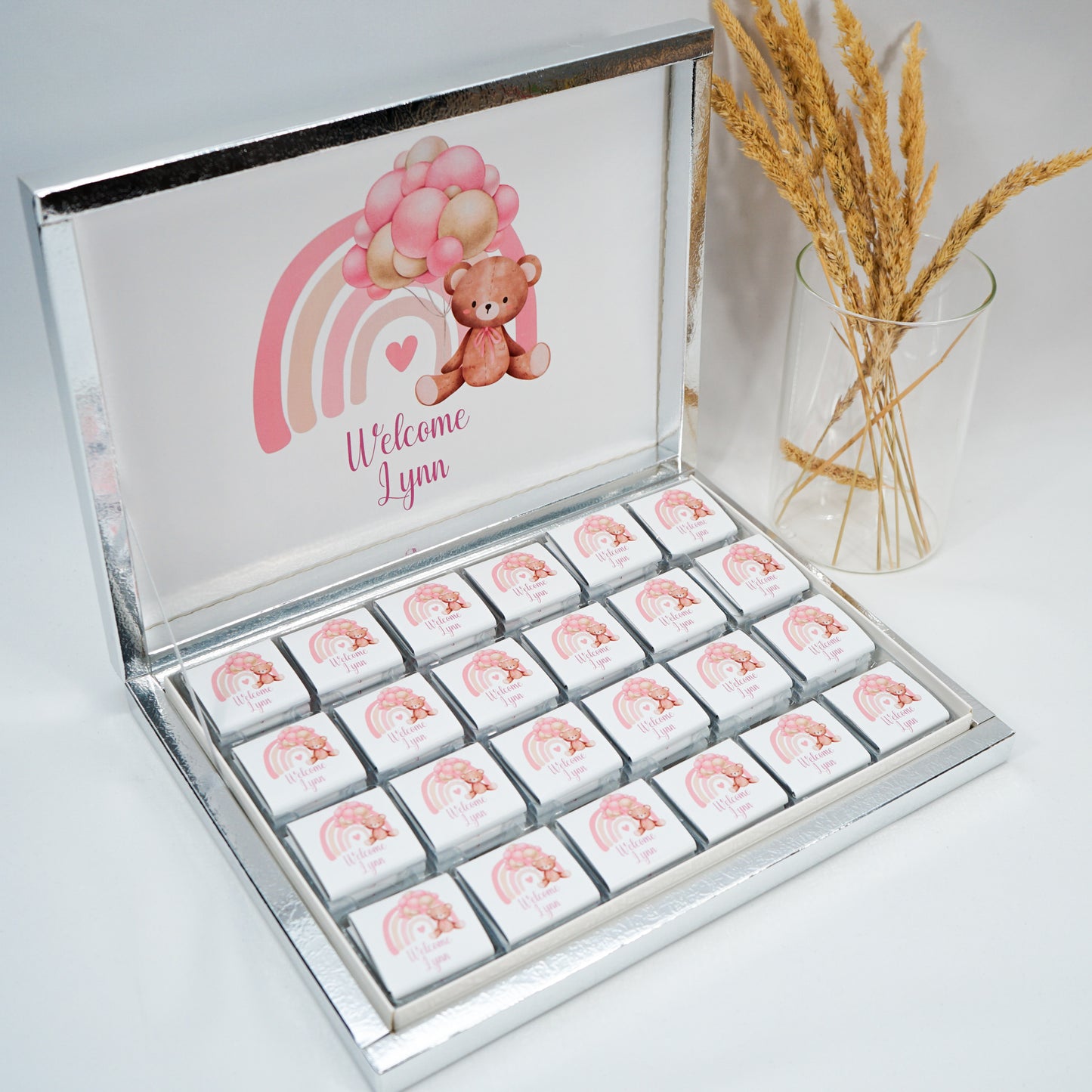 Schokobox Personalisiert - Pinker Regenbogen Teddy