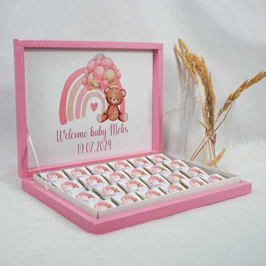 Schokobox Personalisiert - Pinker Regenbogen Teddy