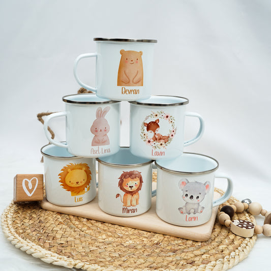 Emaille Kindertasse Personalisiert - Tierchen Aquarell