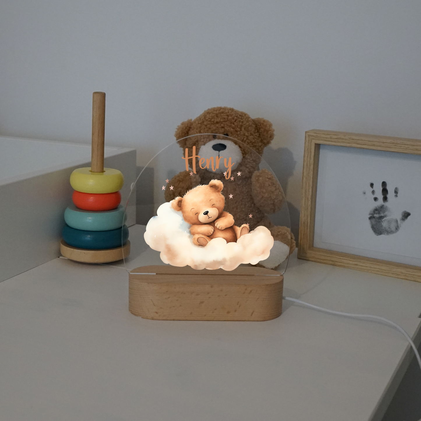 Personalized Night Lamp LED - Boho Bear Sleeping on Clouds