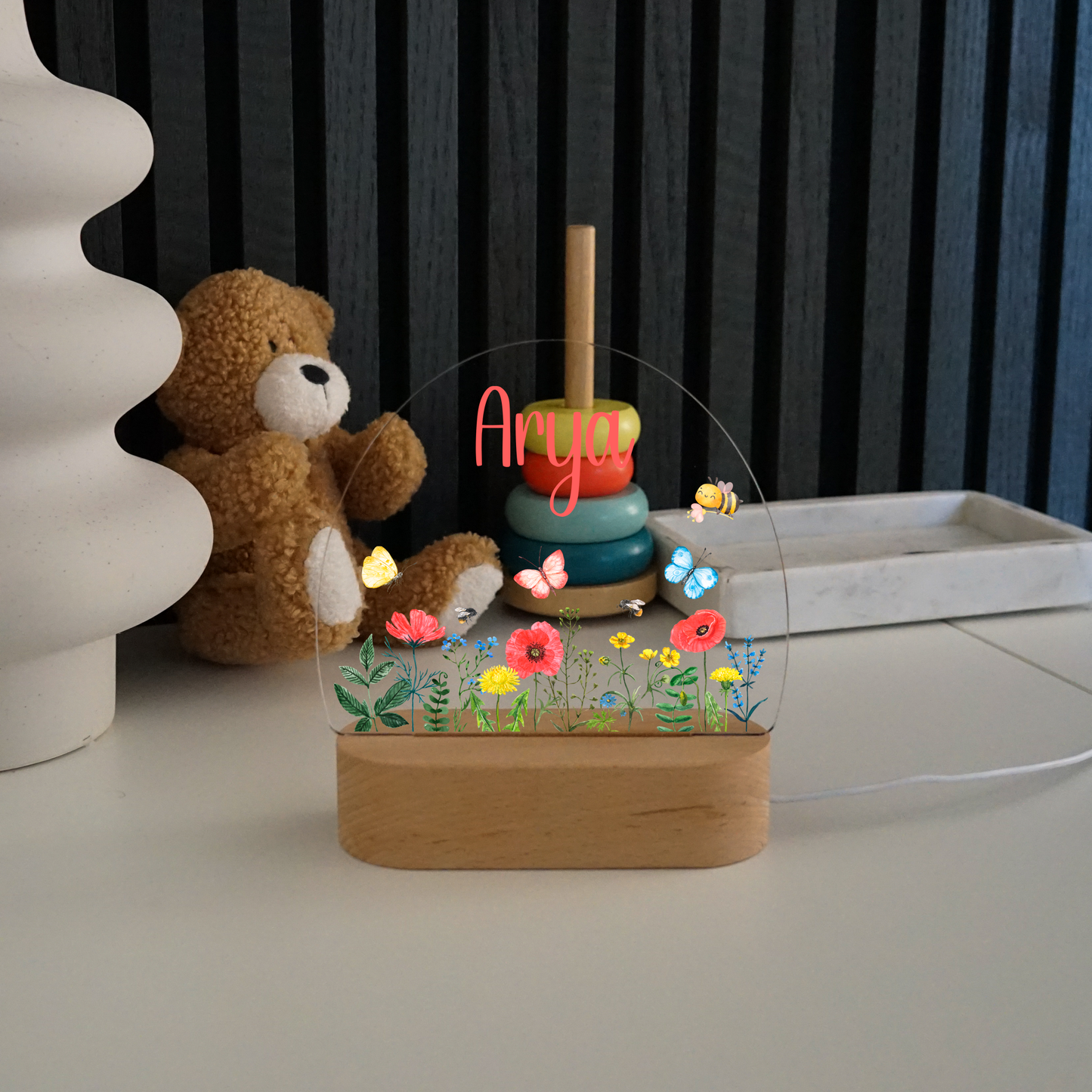 Personalisierte Nachtlampe LED - Blumen & Biene