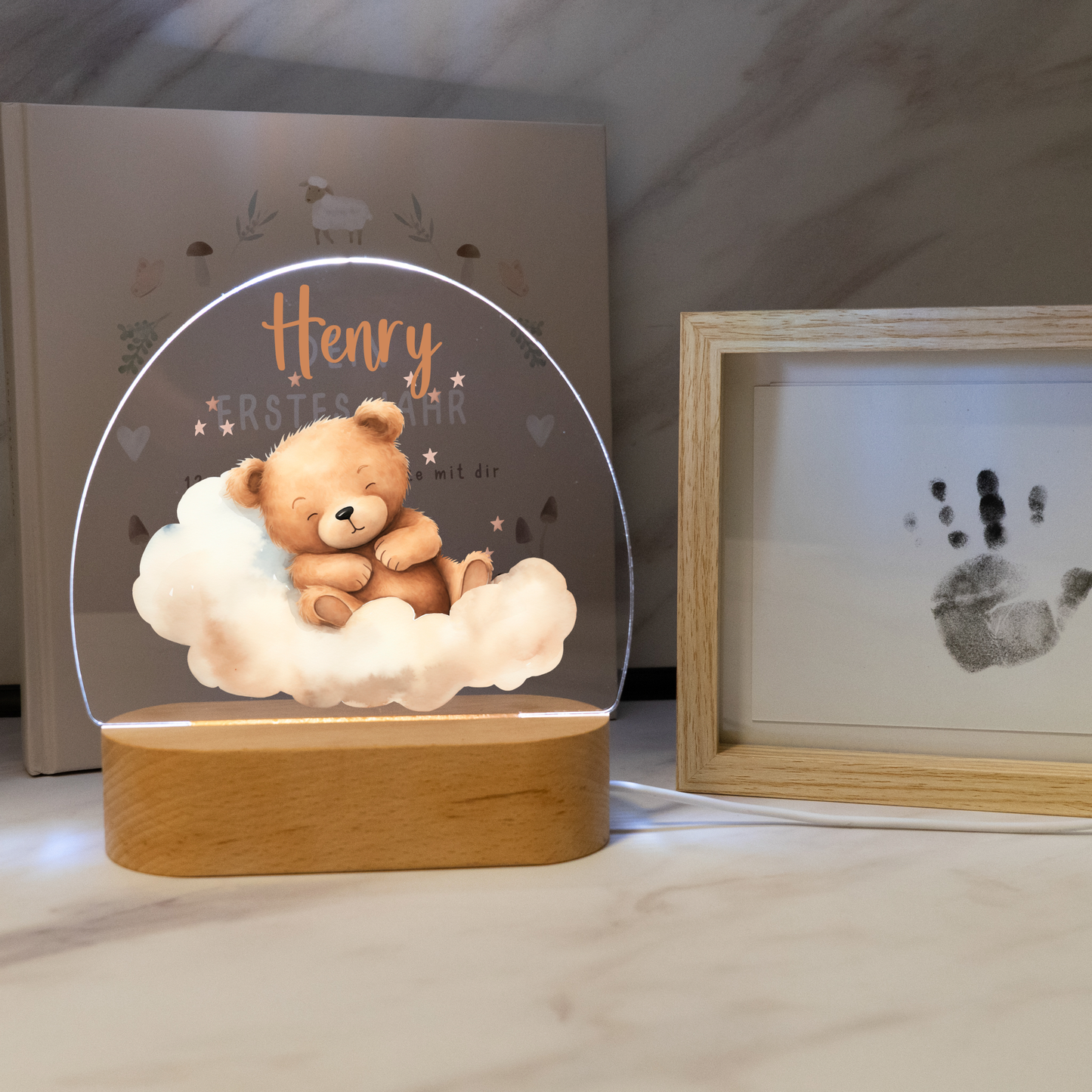 Personalized Night Lamp LED - Boho Bear Sleeping on Clouds