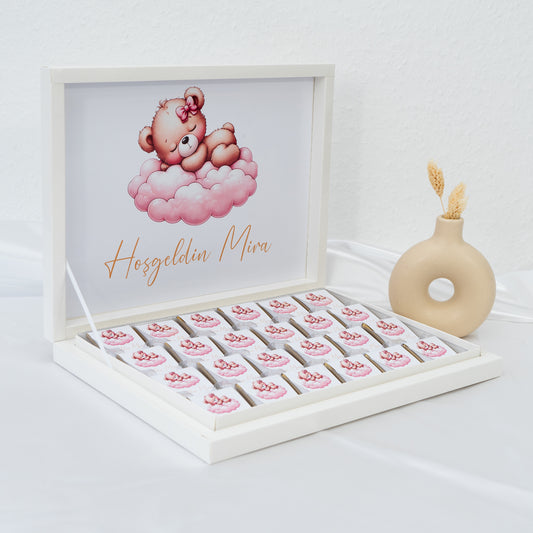 Schokobox Personalisiert - Rosa Teddy auf Wolken