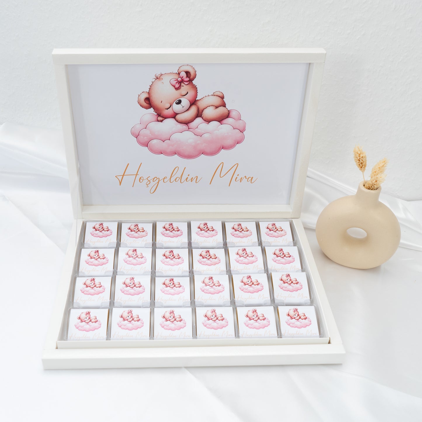 Schokobox Personalisiert - Rosa Teddy auf Wolken
