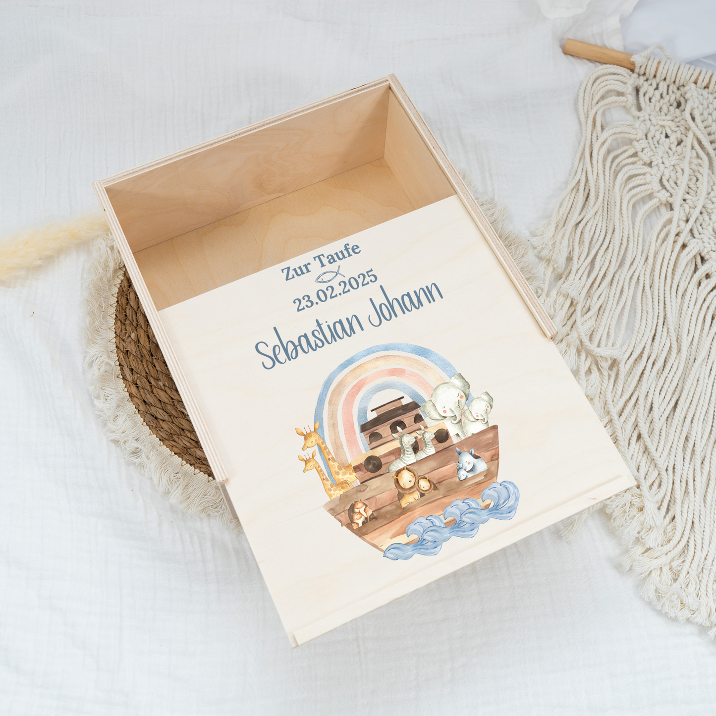 Personalisierte Erinnerungskiste - Arche Noah Taufe mit Schiebedeckel