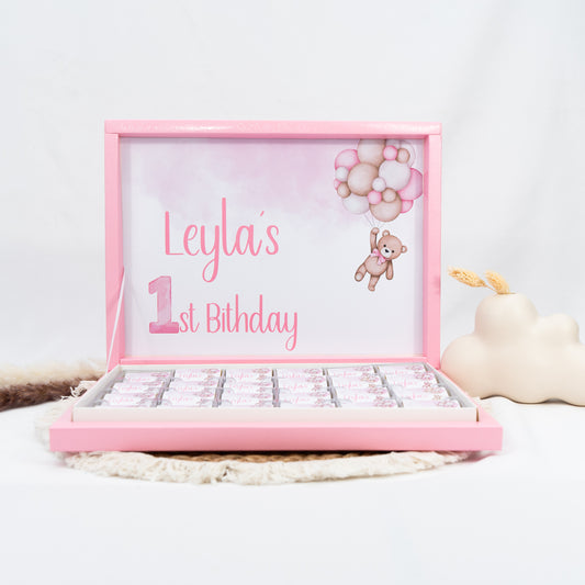 Schokobox Personalisiert - Rosa Teddy & Luftballons