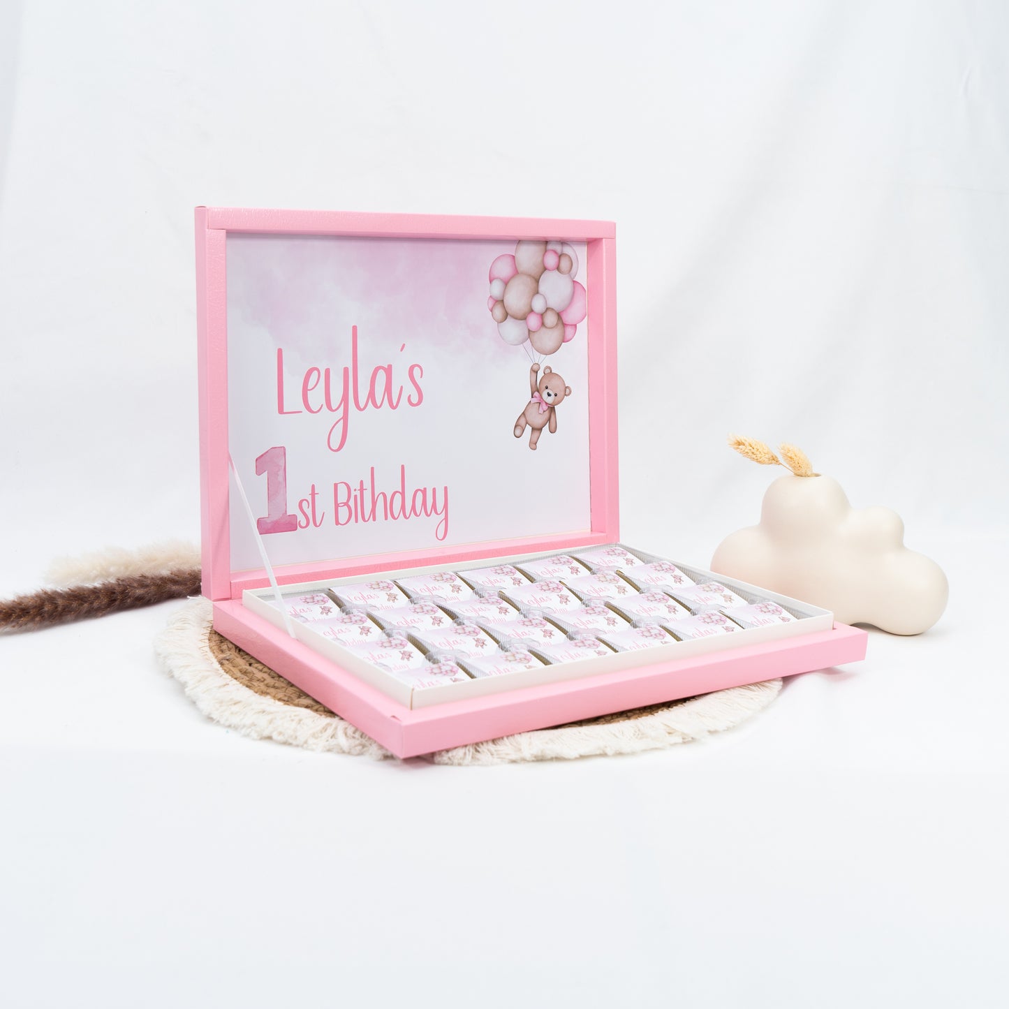 Schokobox Personalisiert - Rosa Teddy & Luftballons