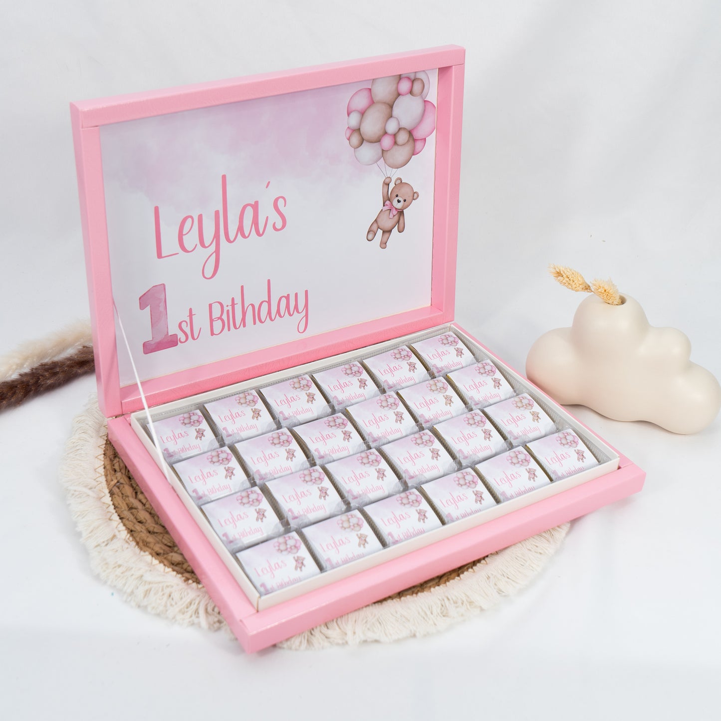 Schokobox Personalisiert - Rosa Teddy & Luftballons