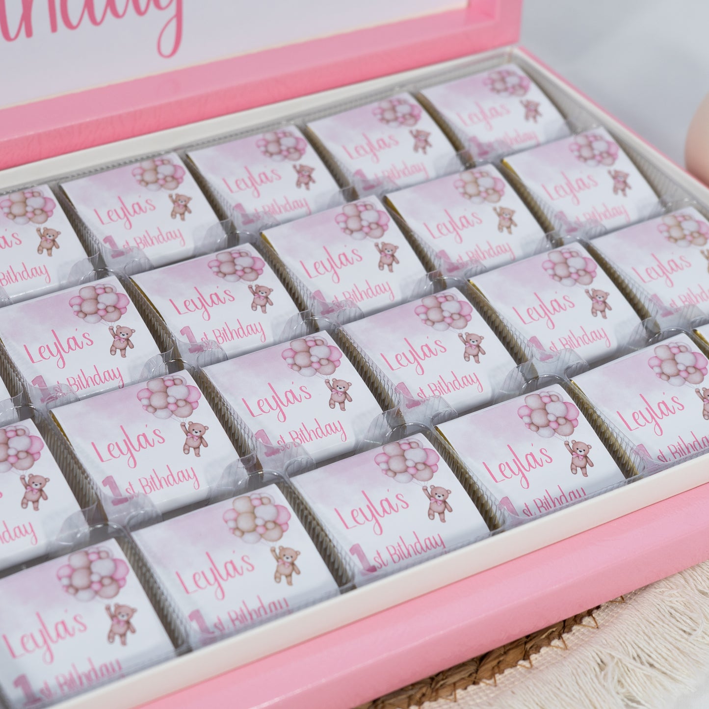 Schokobox Personalisiert - Rosa Teddy & Luftballons