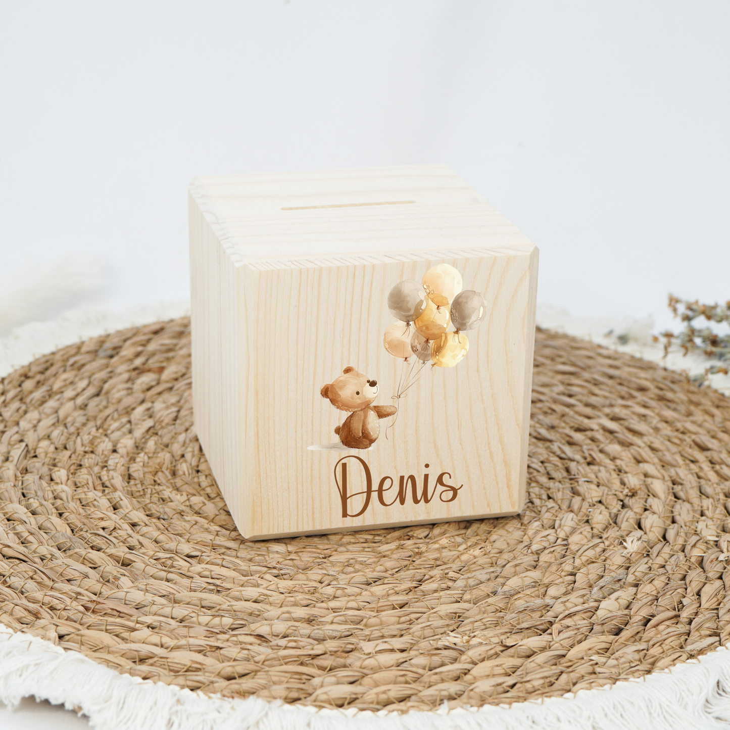 Personalisierte Spardose aus Holz - Teddy & Luftballons