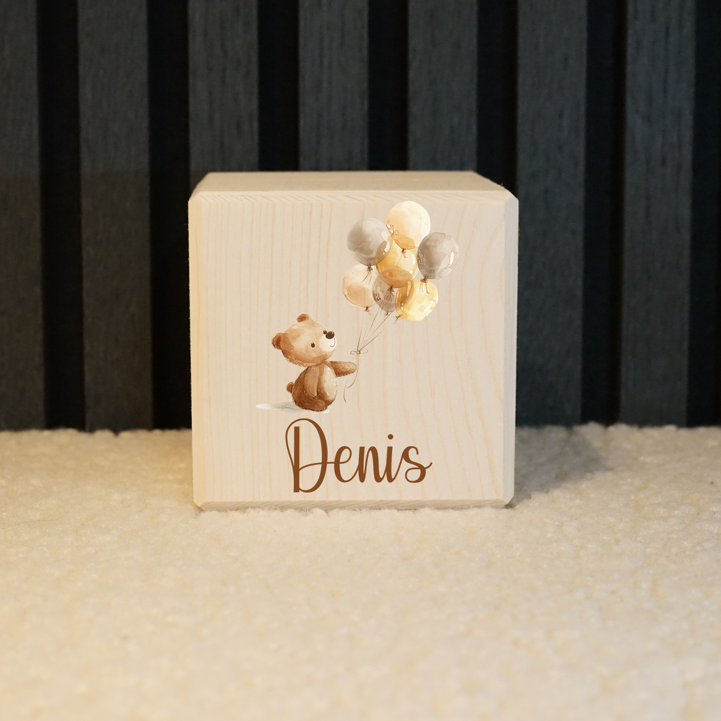 Personalisierte Spardose aus Holz - Teddy & Luftballons