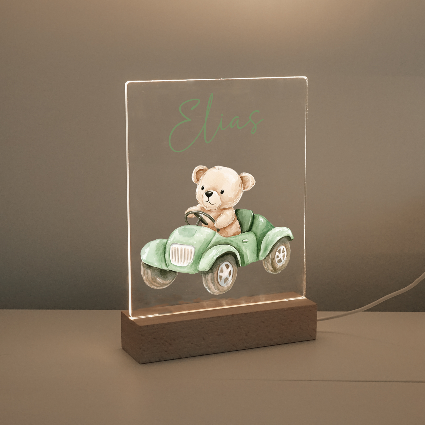 Personalisierte Nachtlampe - Teddybär & Grünes Auto