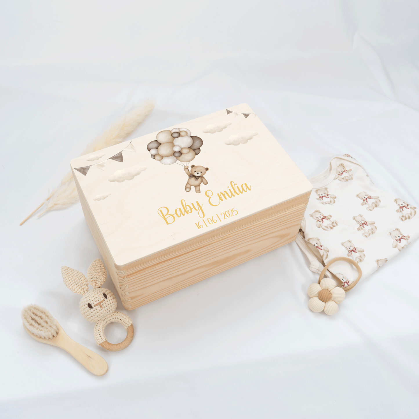 Personalisierte Erinnerungskiste - Beige Teddy & Girlanden