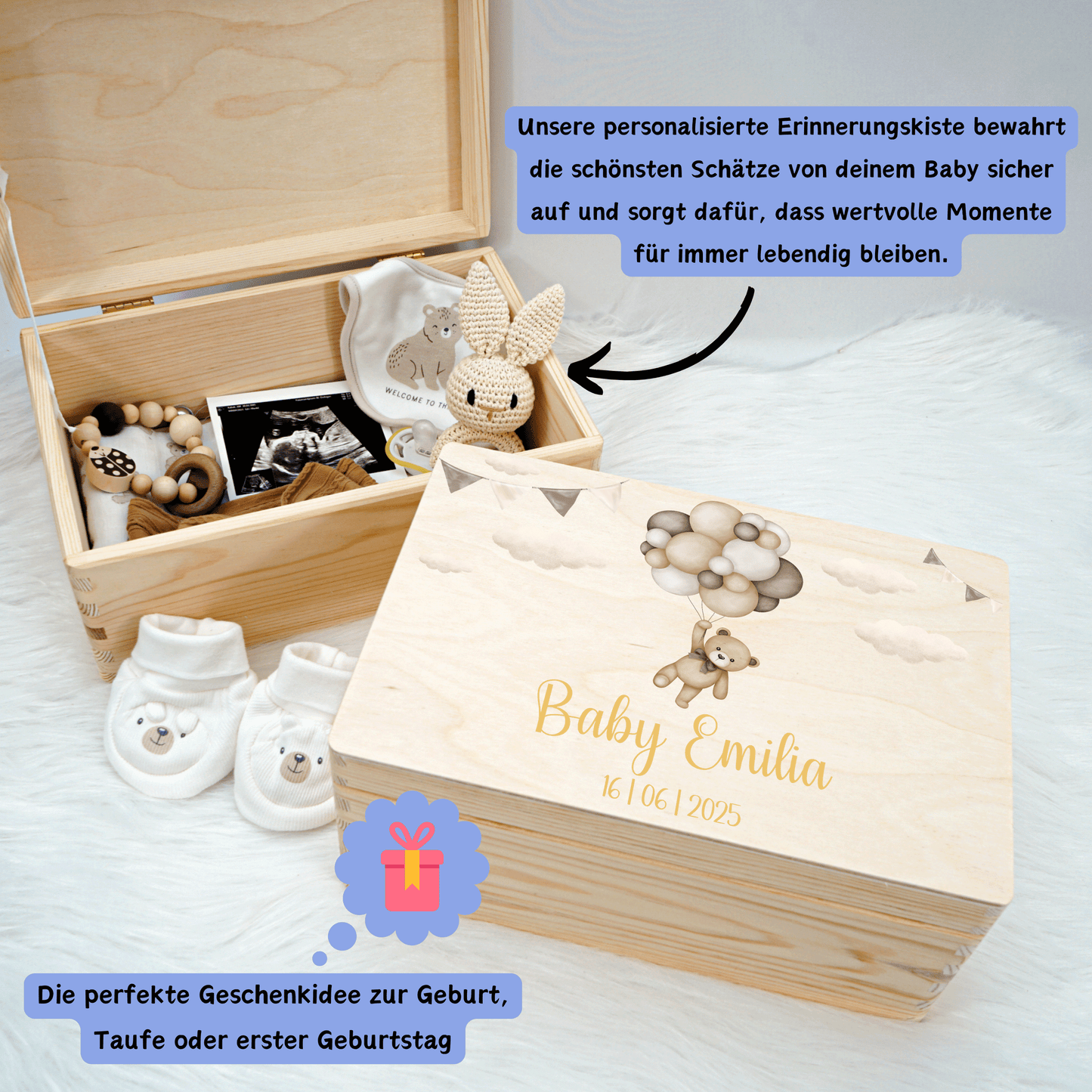 Personalisierte Erinnerungskiste - Beige Teddy & Girlanden