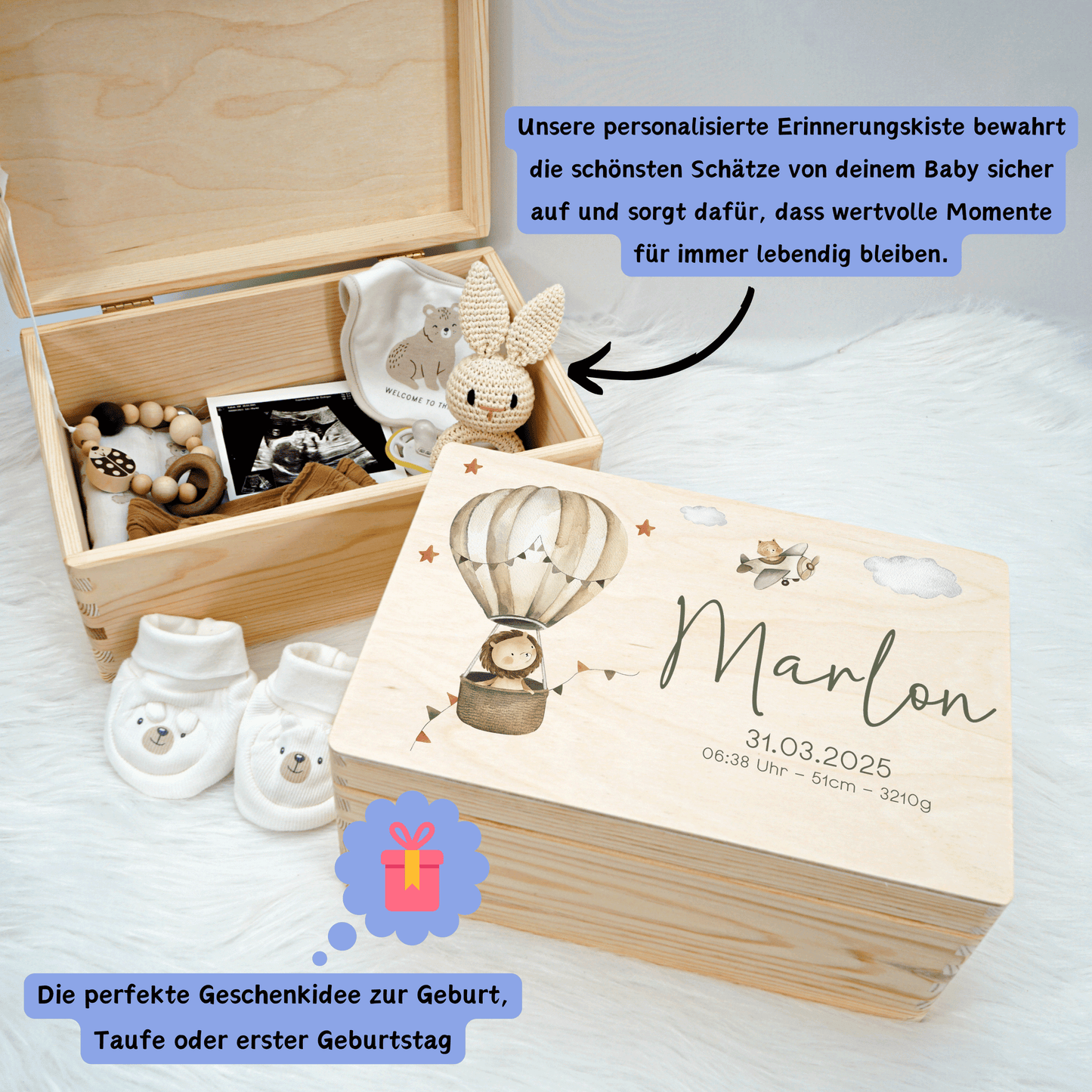 Personalisierte Erinnerungskiste - Safari Tiger & Heißluftballon