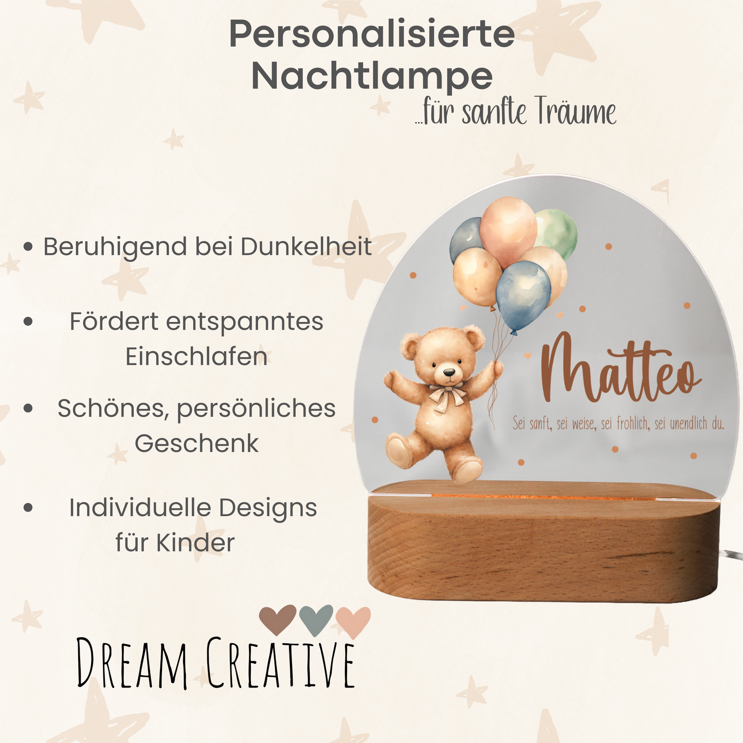 Personalisierte Nachtlampe LED - Boho Bär mit bunten Ballons