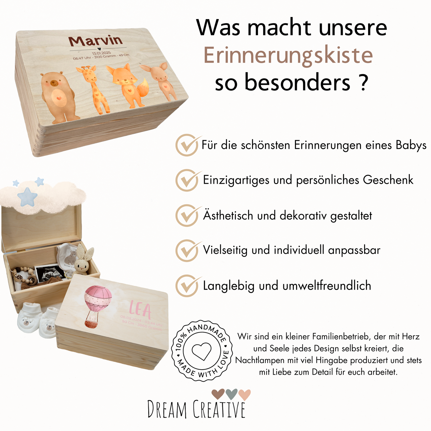 Geschenkset zur Geburt - Personalisierte Erinnerungskiste & Nachtlampe