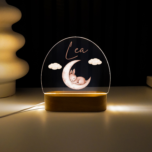 Personalisierte Nachtlampe LED - Schlafender Hase & Halbmond