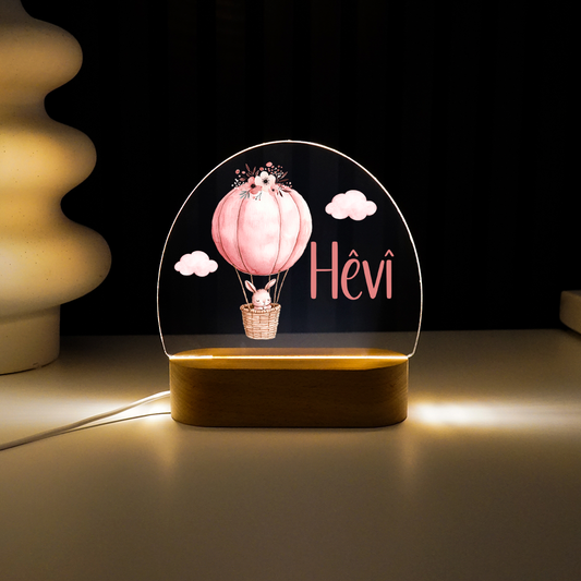 Personalisierte Nachtlampe LED - Rosa Hase & Heißluftballon