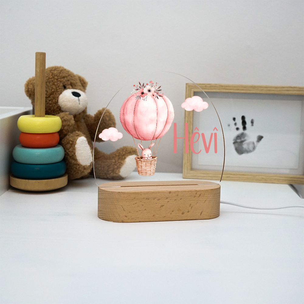 Personalisierte Nachtlampe LED - Rosa Hase & Heißluftballon