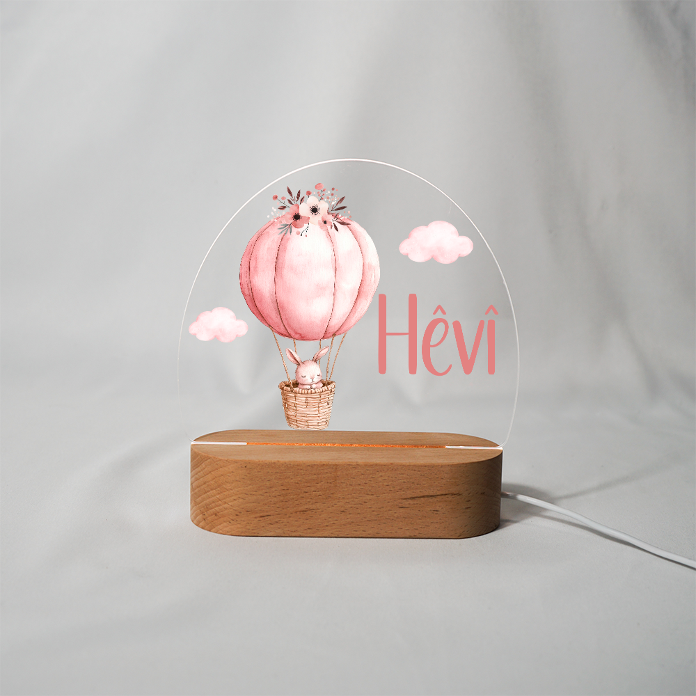 Personalisierte Nachtlampe LED - Rosa Hase & Heißluftballon