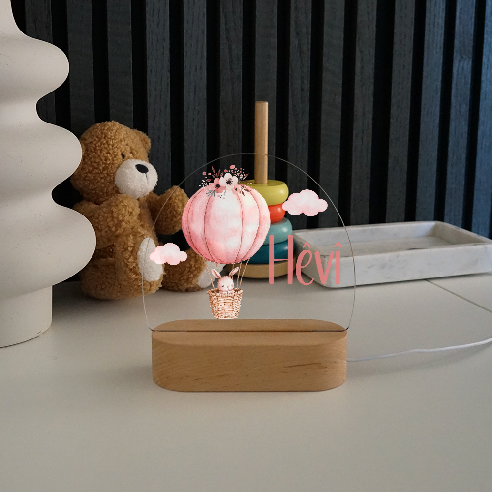 Personalisierte Nachtlampe LED - Rosa Hase & Heißluftballon