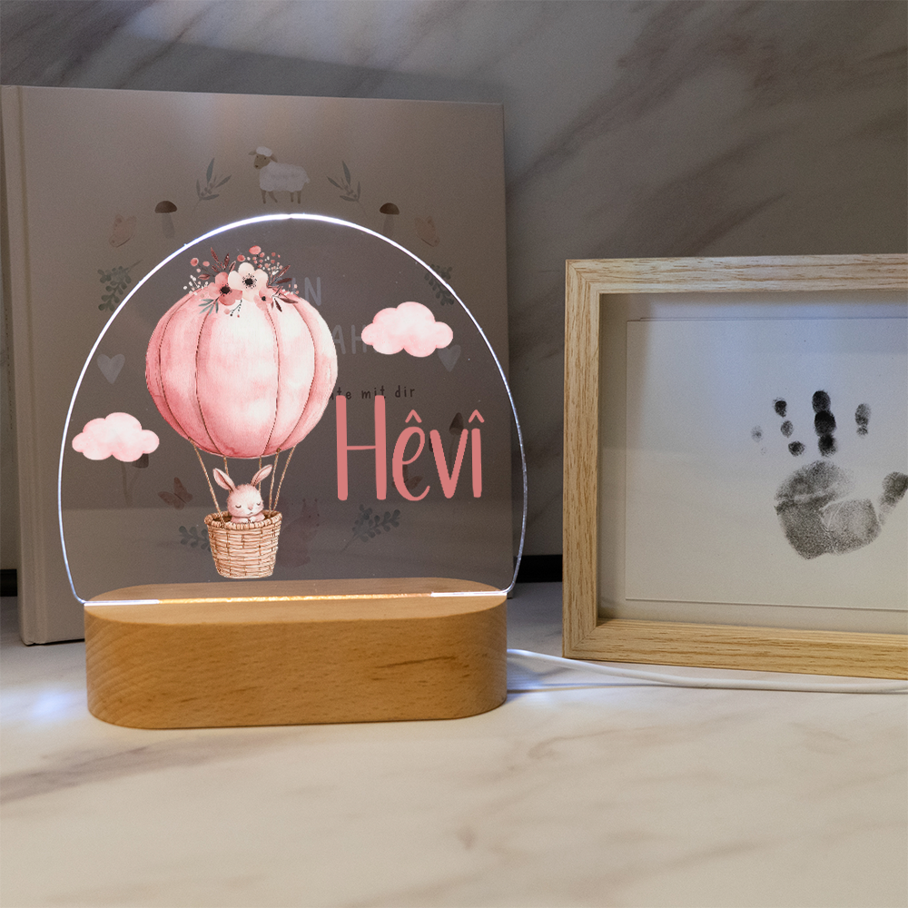 Personalisierte Nachtlampe LED - Rosa Hase & Heißluftballon