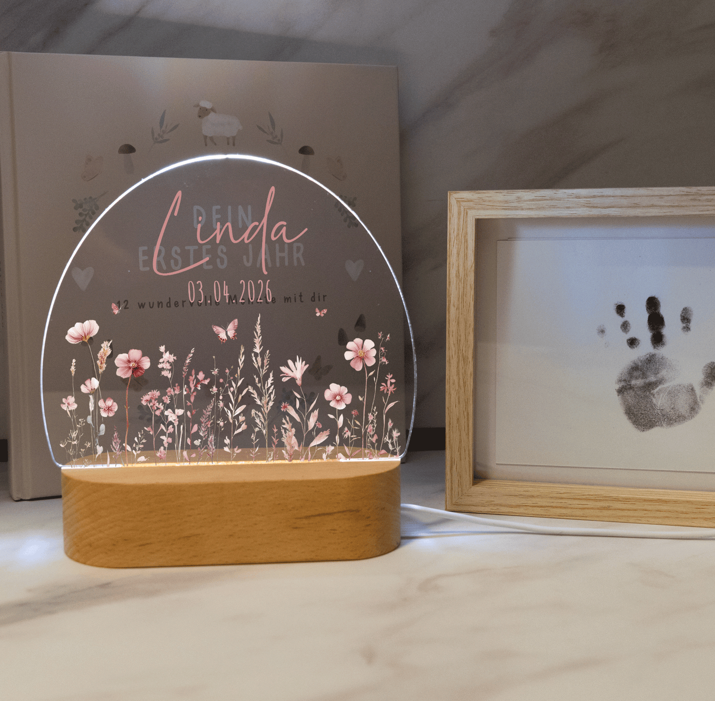 Personalisierte Nachtlampe LED - Blumenmotiv Rosa Pastell