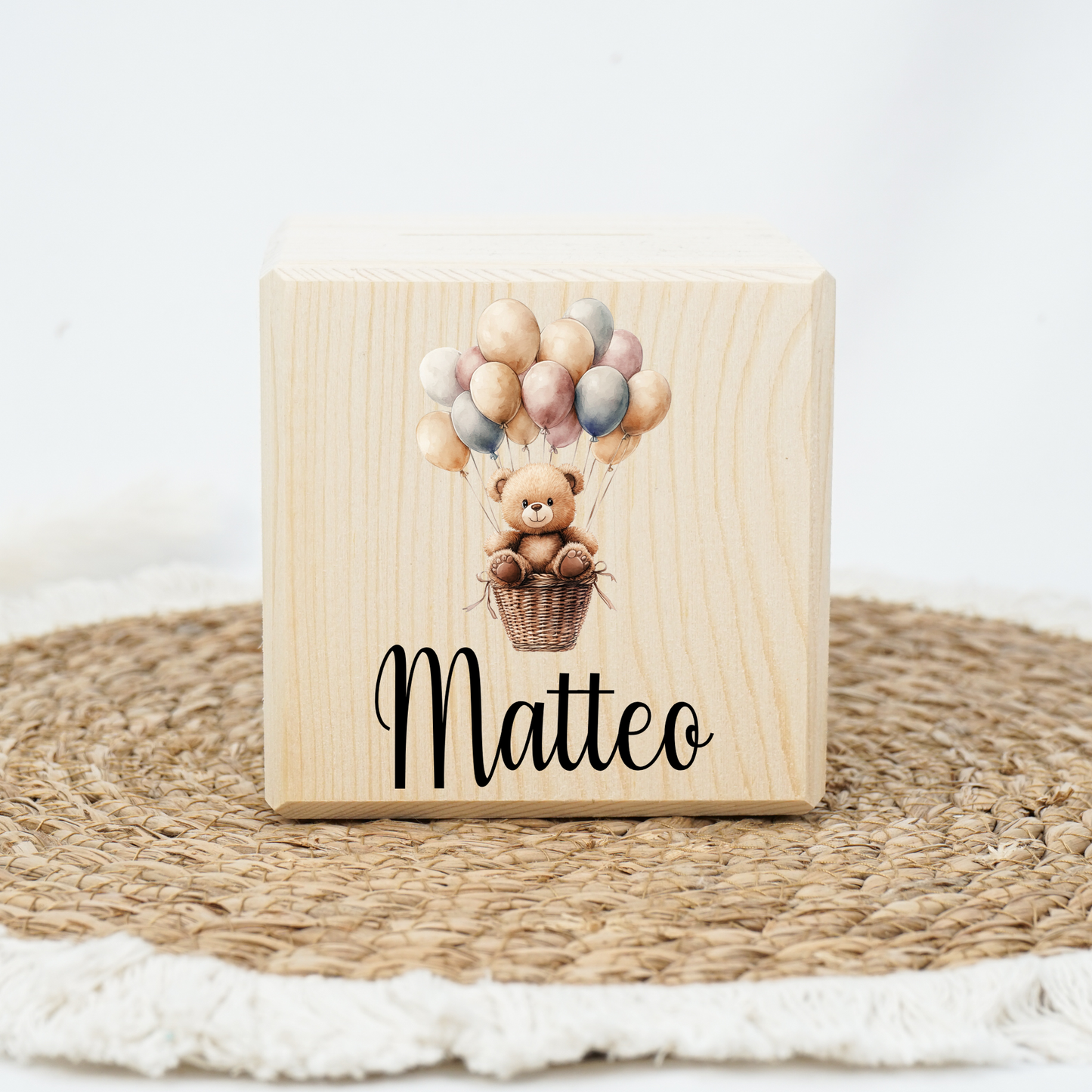Personalisierte Spardose aus Holz - Teddybär & Luftballons