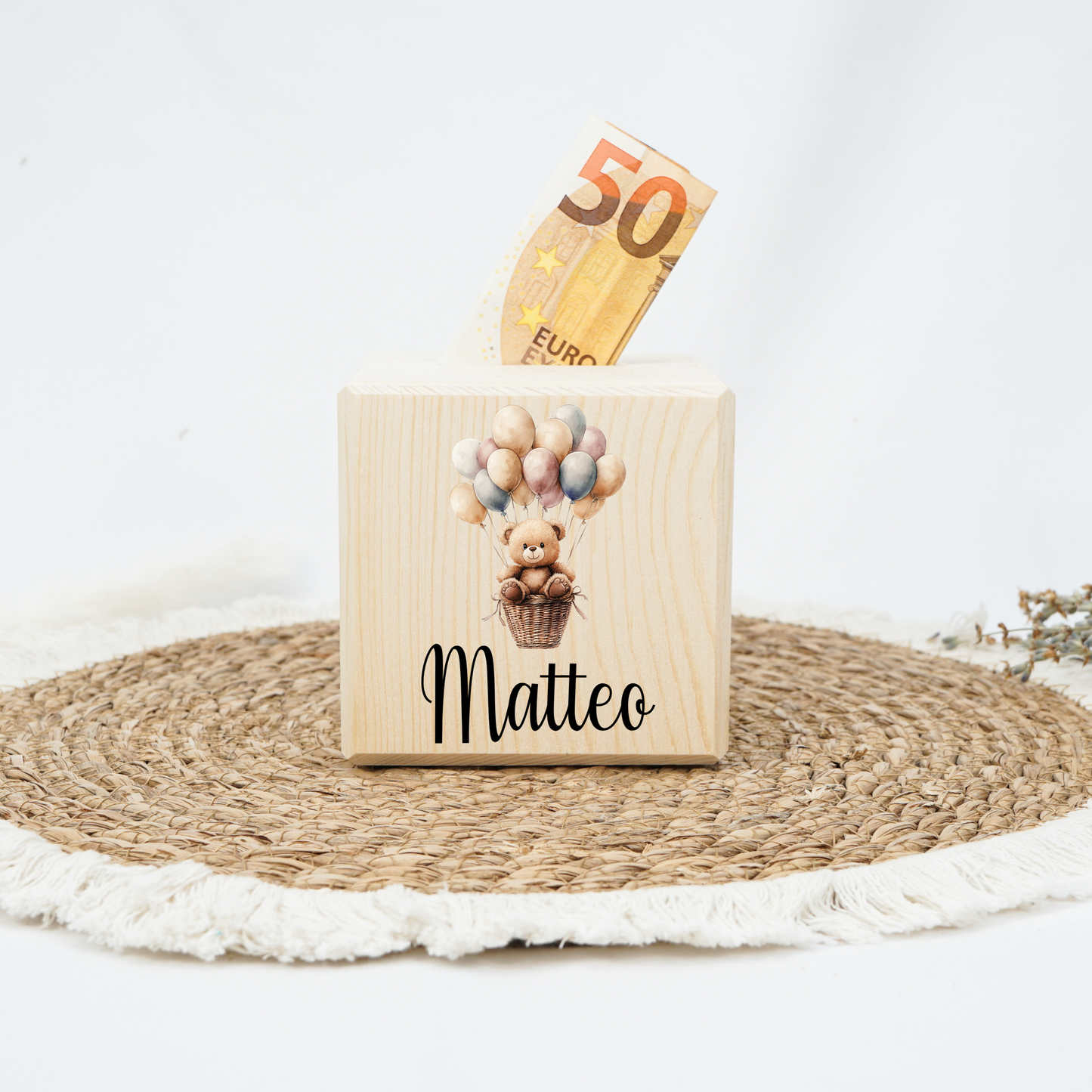 Personalisierte Spardose aus Holz - Teddybär & Luftballons