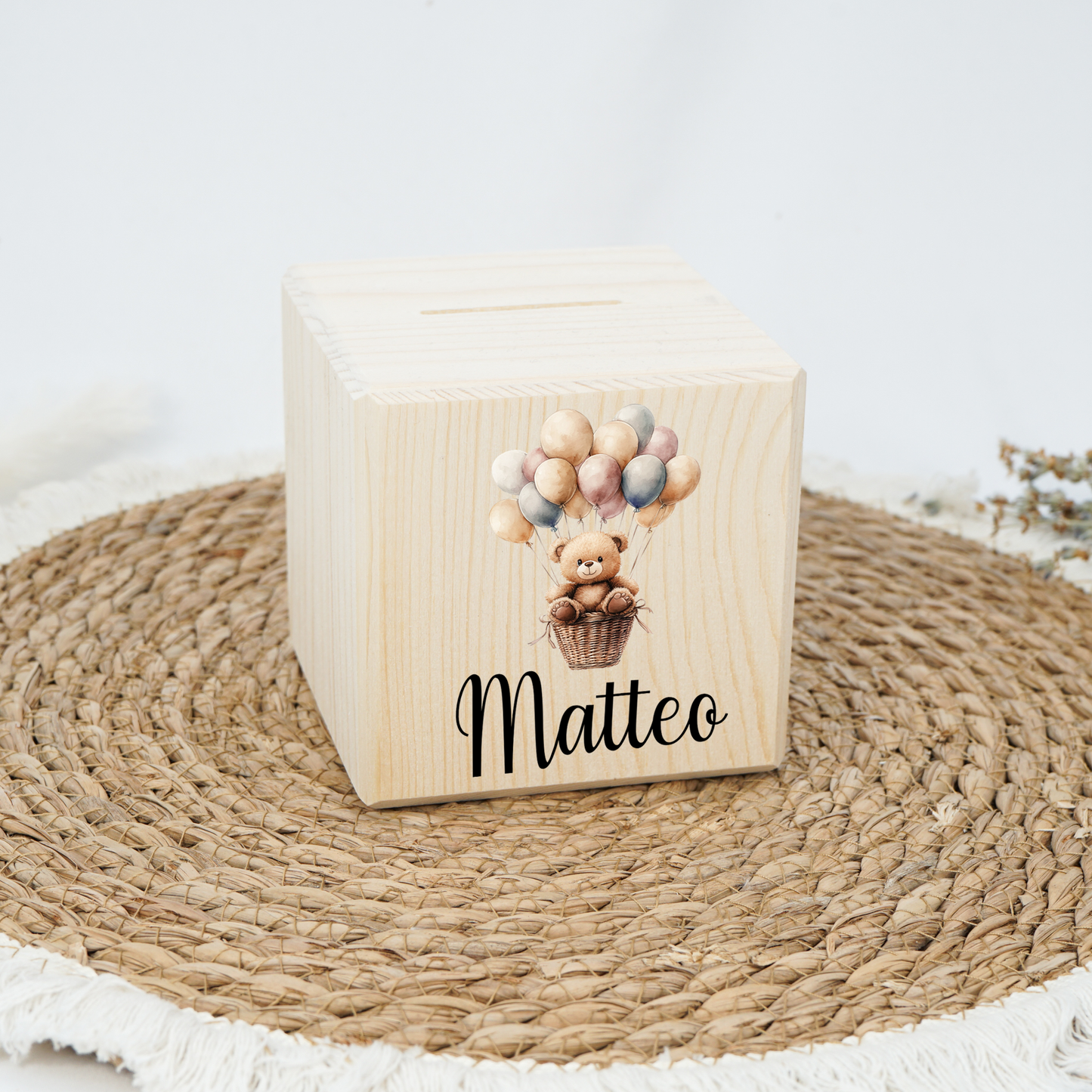 Personalisierte Spardose aus Holz - Teddybär & Luftballons