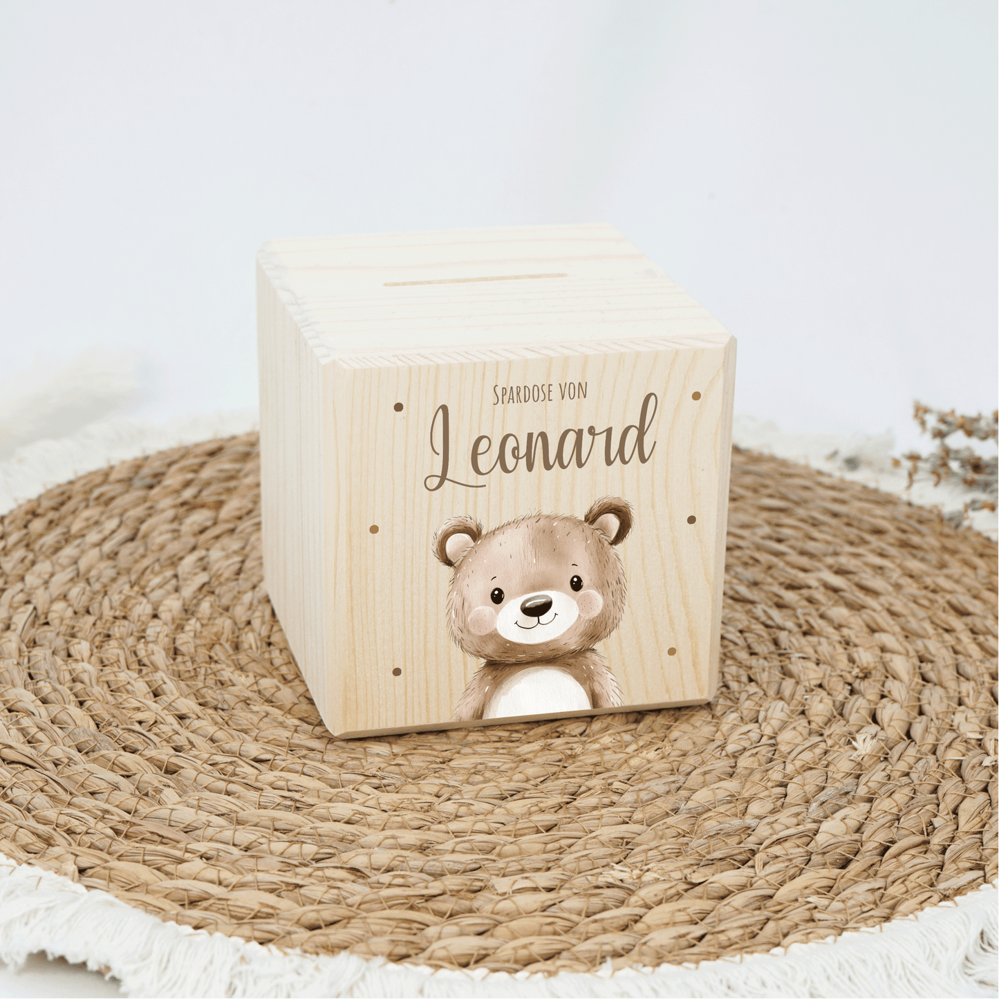 Personalisierte Spardose aus Holz - Süßer Teddy