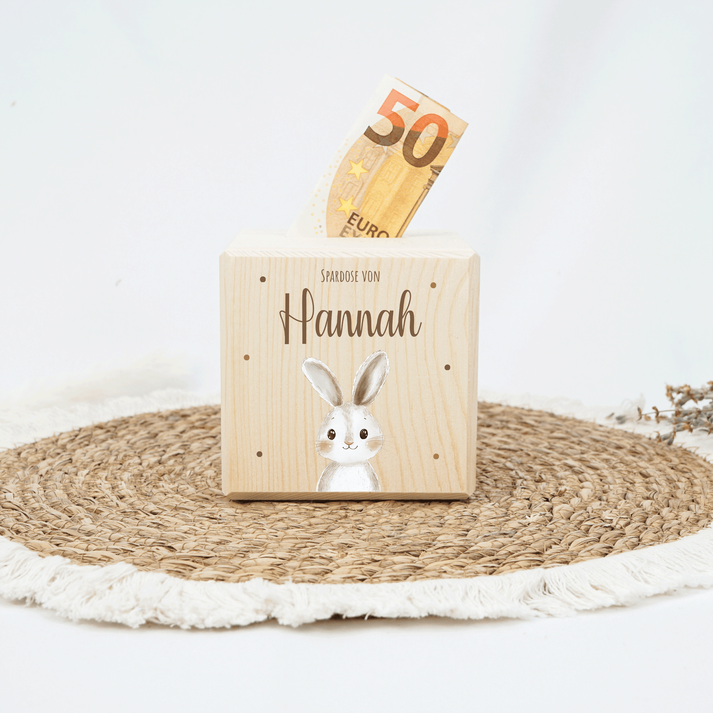 Personalisierte Spardose aus Holz - Hasenmotiv