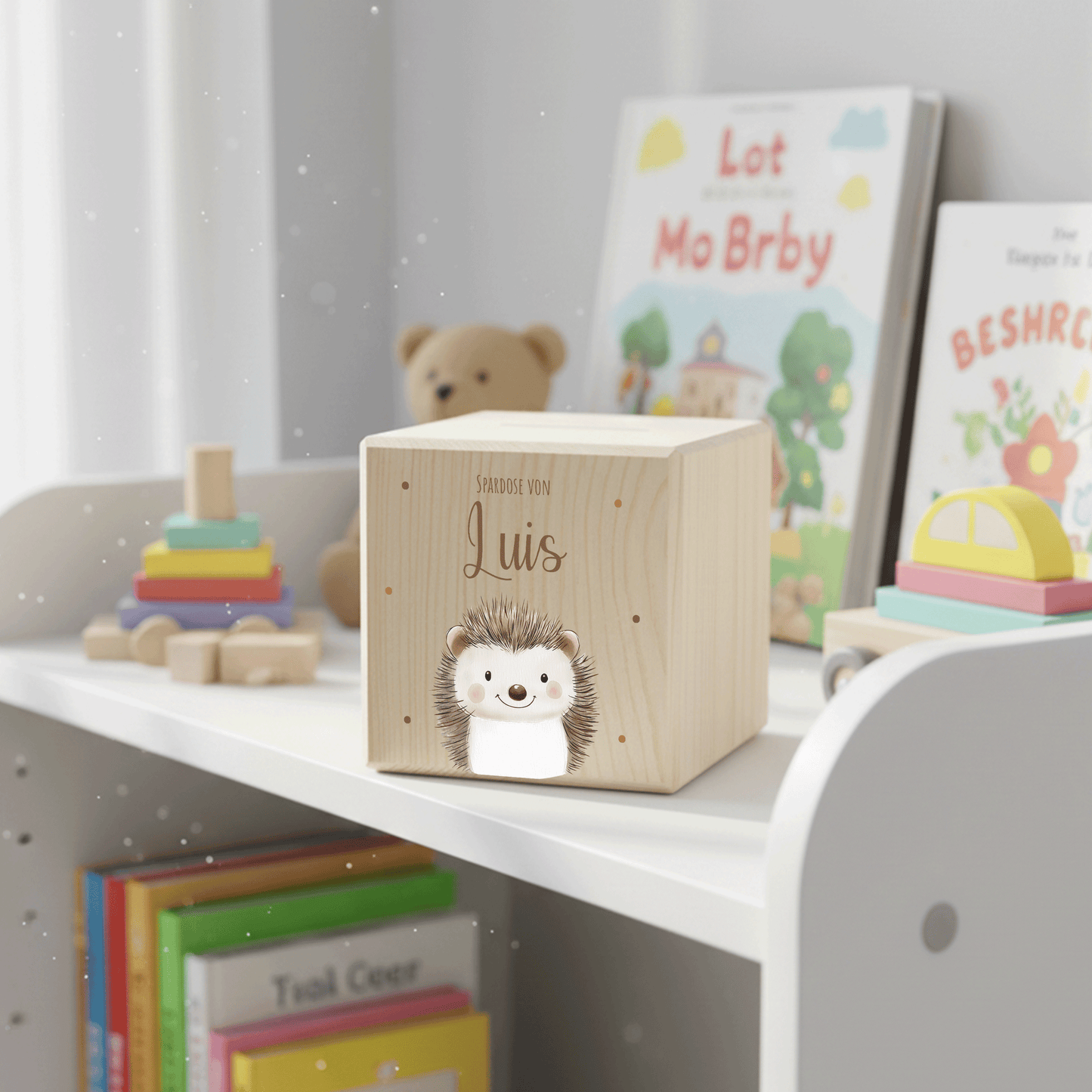 Personalisierte Spardose aus Holz - Igel
