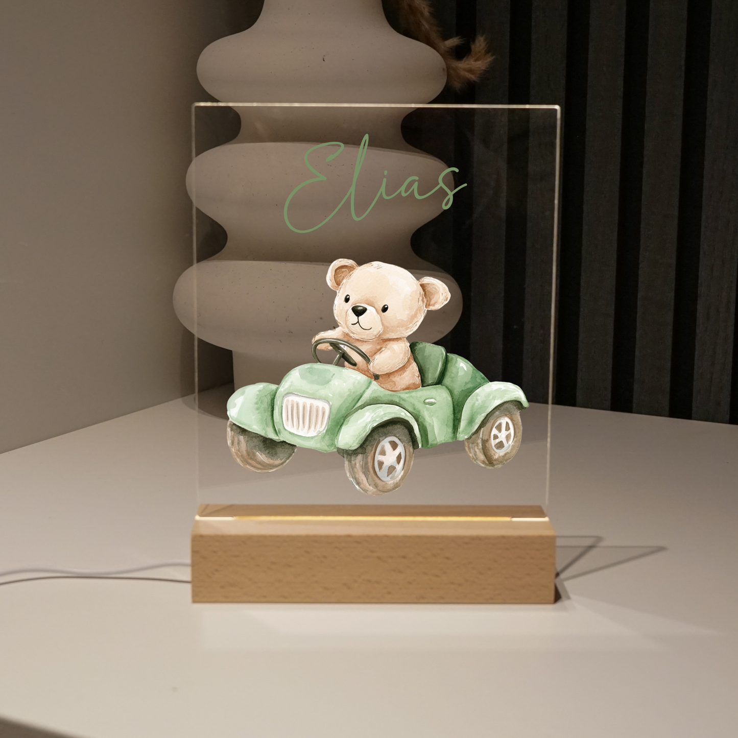 Personalisierte Nachtlampe - Teddybär & Grünes Auto