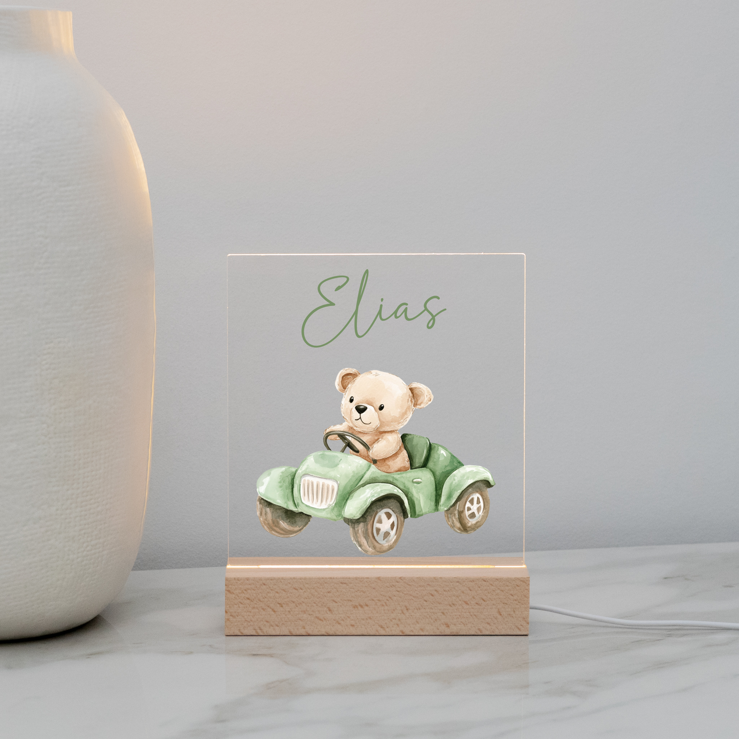 Personalisierte Nachtlampe - Teddybär & Grünes Auto