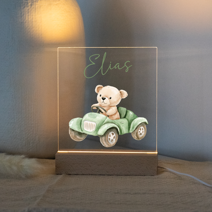 Personalisierte Nachtlampe - Teddybär & Grünes Auto