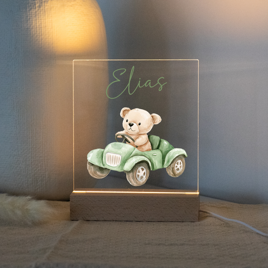 Personalisierte Nachtlampe - Teddybär & Grünes Auto