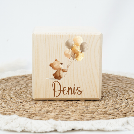 Personalisierte Spardose aus Holz - Teddy & Luftballons