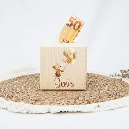 Personalisierte Spardose aus Holz - Teddy & Luftballons