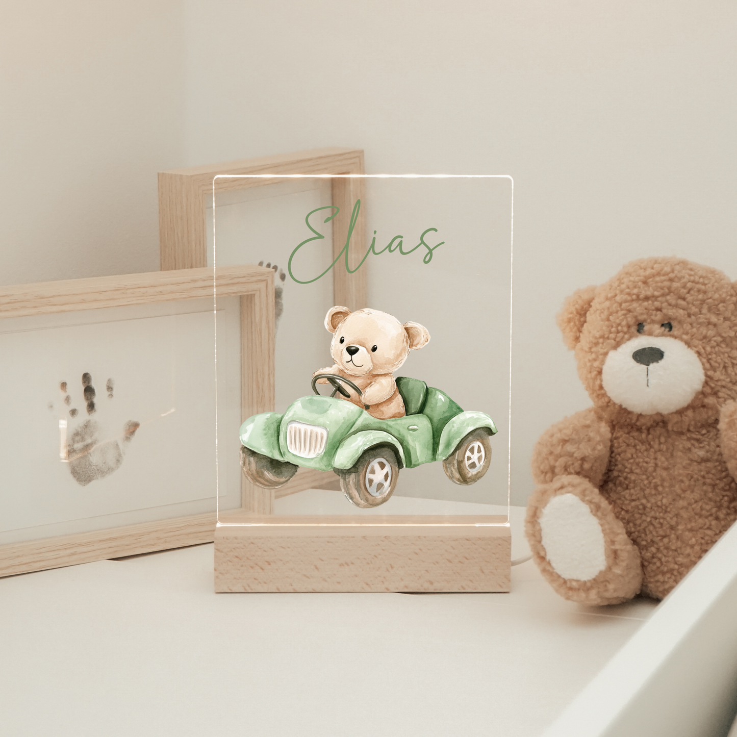 Personalisierte Nachtlampe - Teddybär & Grünes Auto
