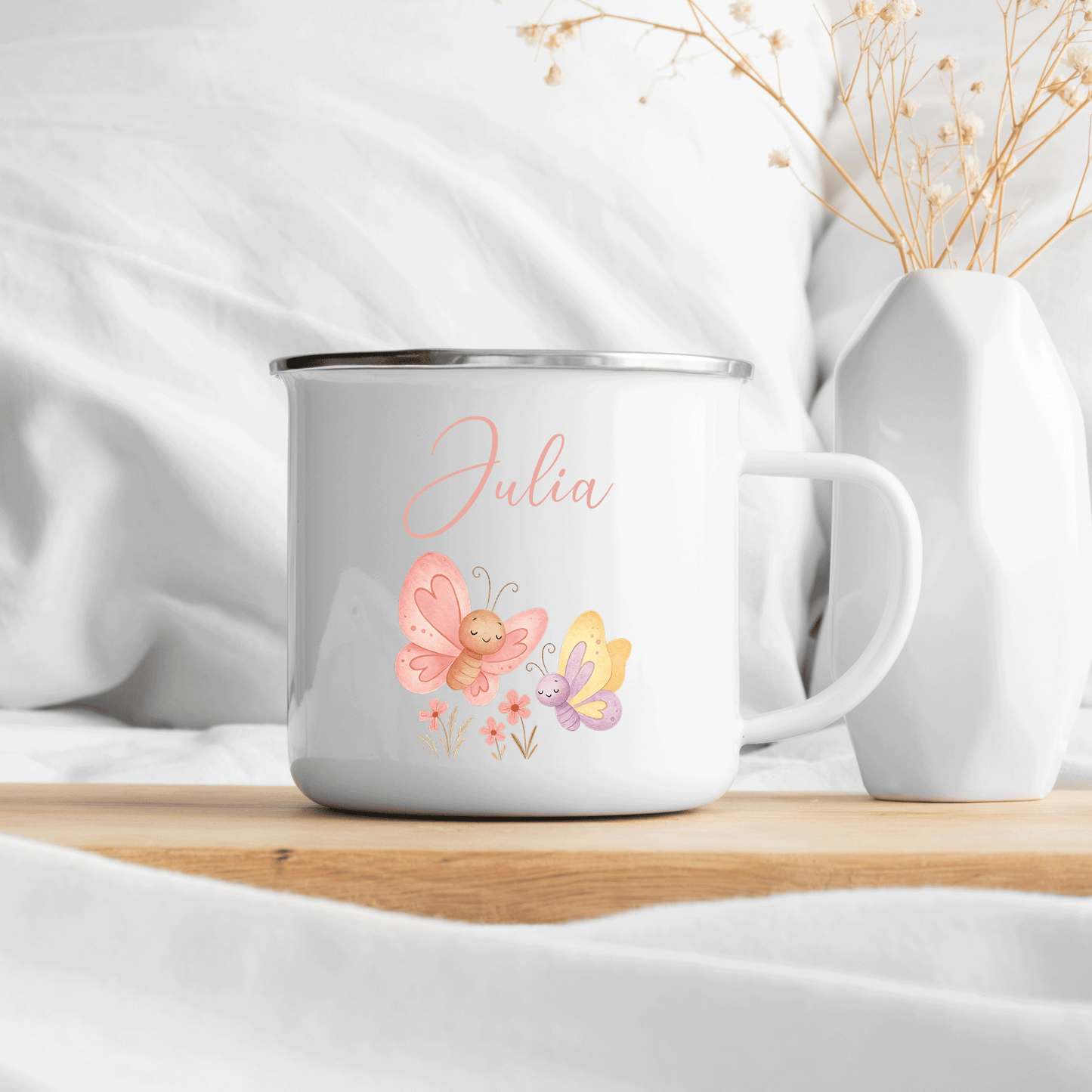 Personalisierte Emaille Tasse | Kindertasse - Schmetterling Motiv