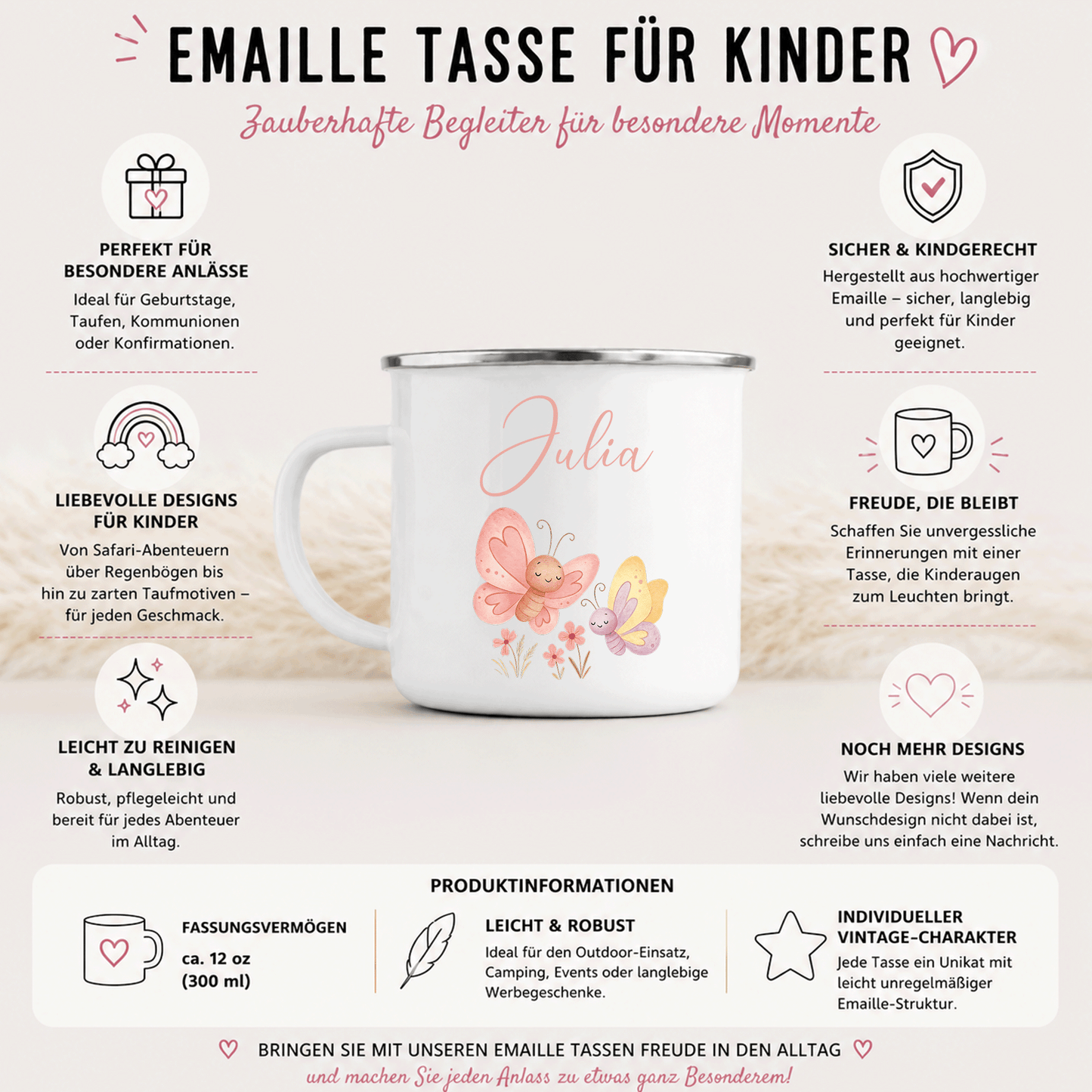 Personalisierte Emaille Tasse | Kindertasse - Schmetterling Motiv