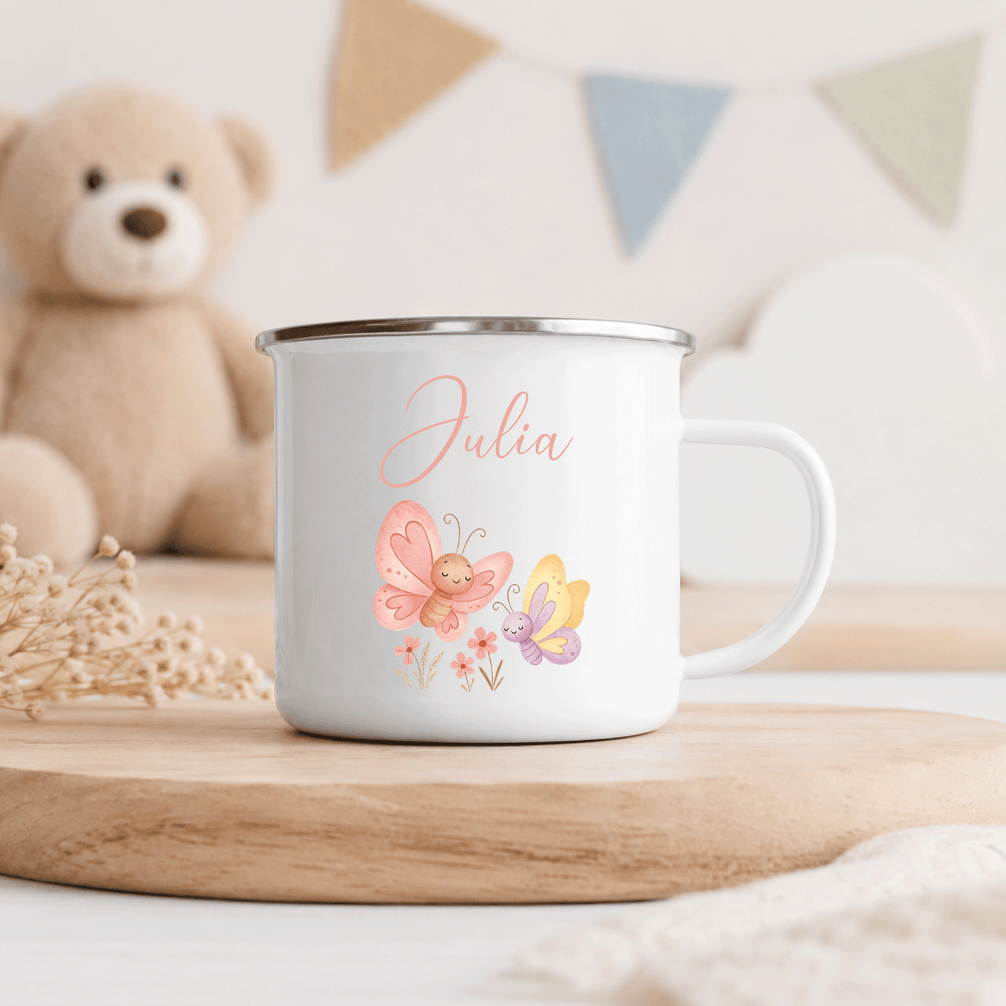 Personalisierte Emaille Tasse | Kindertasse - Schmetterling Motiv
