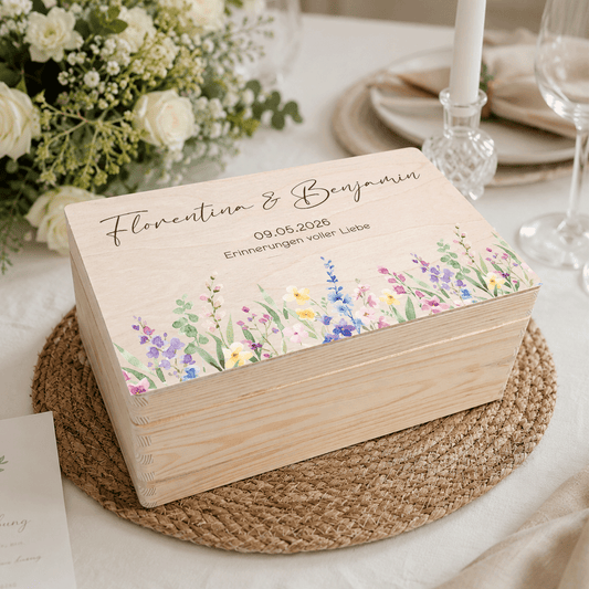 Personalisierte Erinnerungskiste | Standesamt, Verlobung, Hochzeit - Brautpaar Geschenk - Bunte Blumen