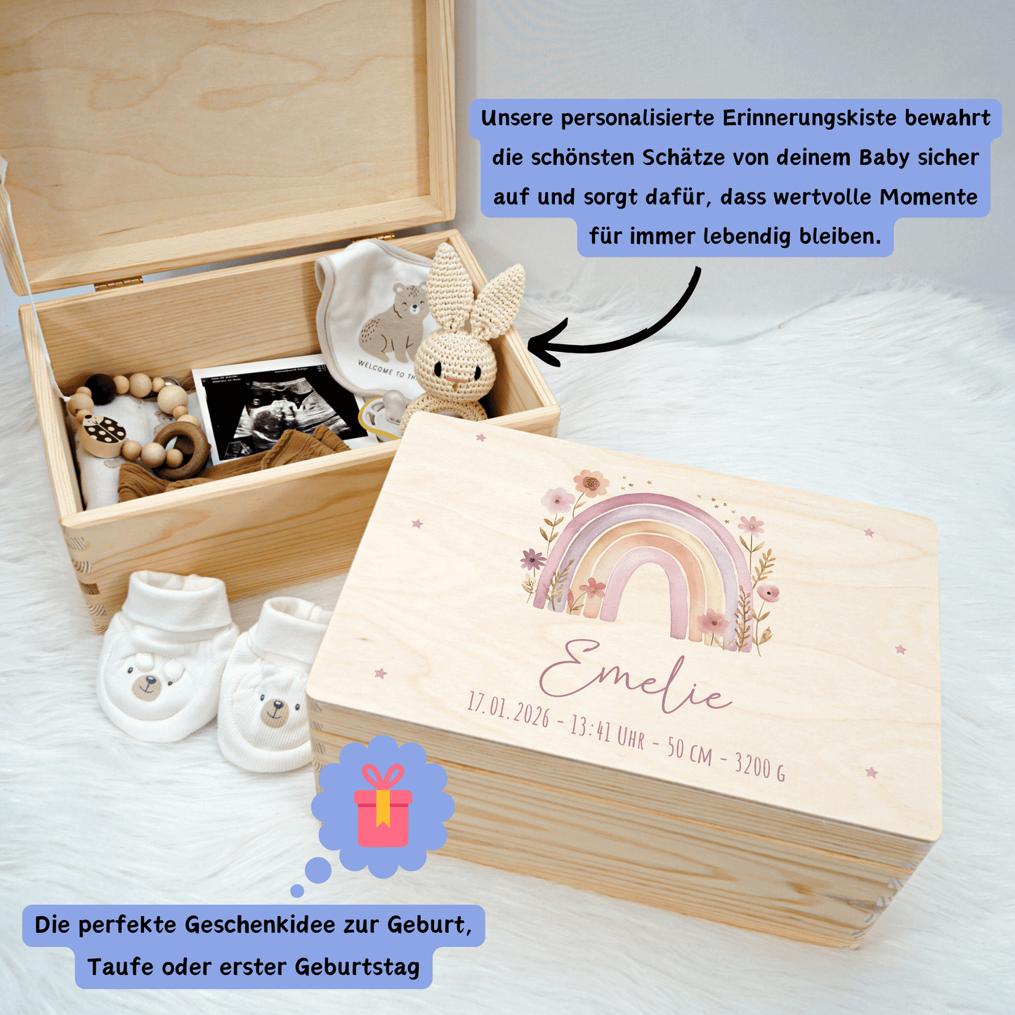 Personalisierte Erinnerungskiste - Regenbogen Rosa Pastell