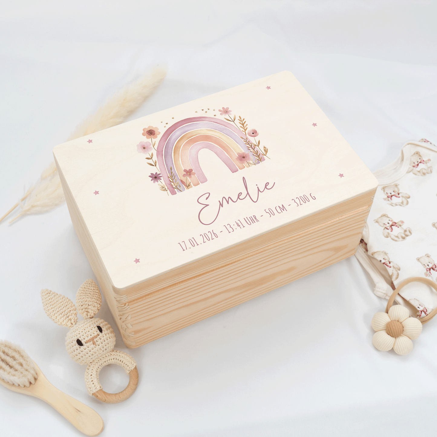 Personalisierte Erinnerungskiste - Regenbogen Rosa Pastell