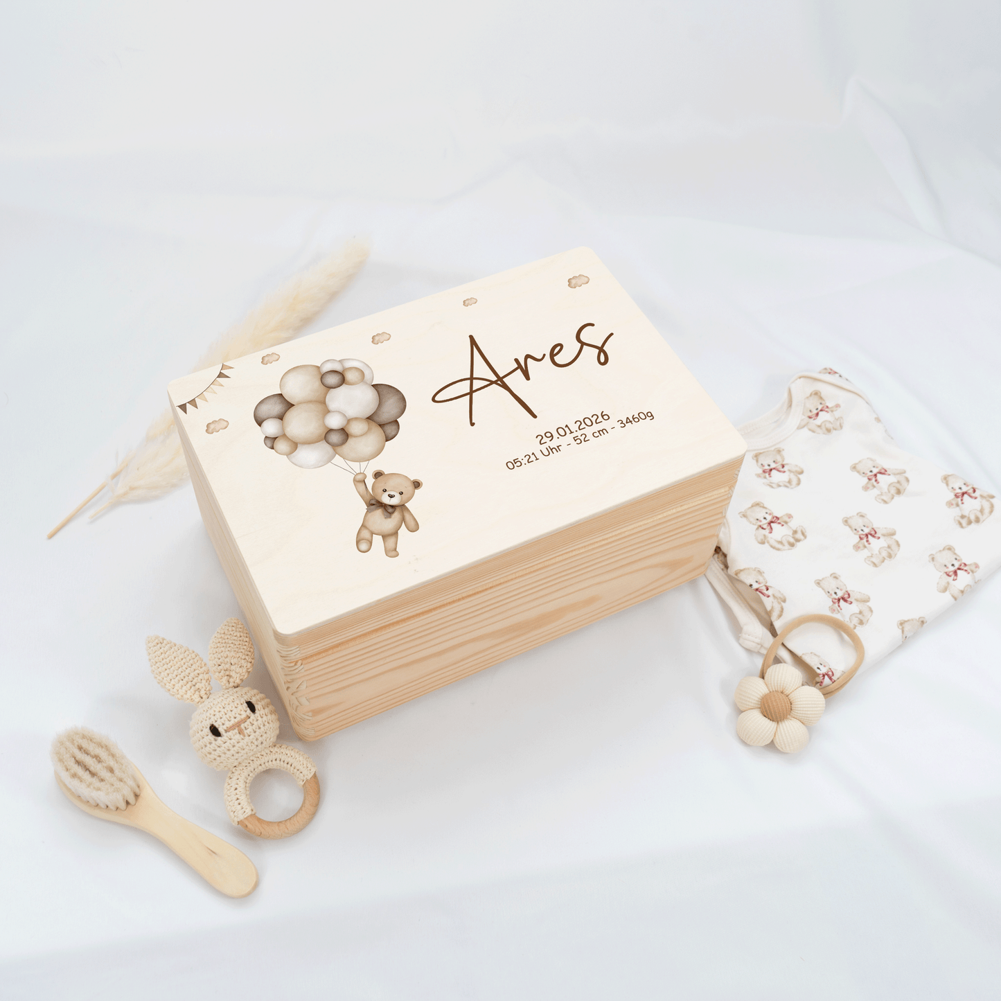 Personalisierte Erinnerungskiste - Beige Teddy & Girlanden